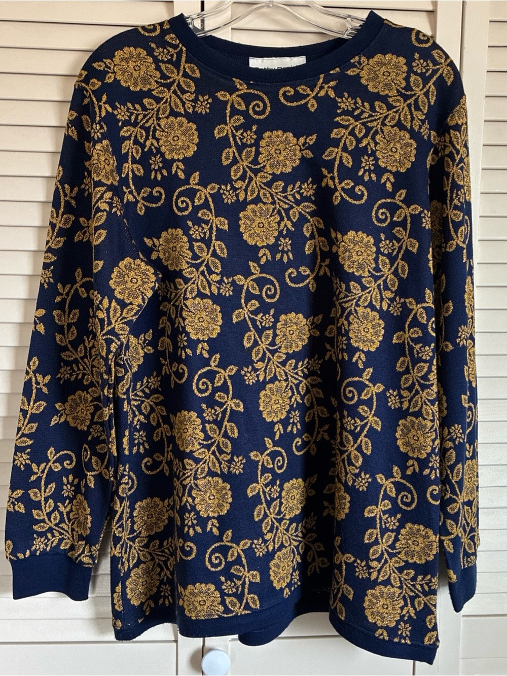 Vintage Cathy Daniels-Elegant Sweater Top Navy Gold Metallic Floral Holiday Sz L